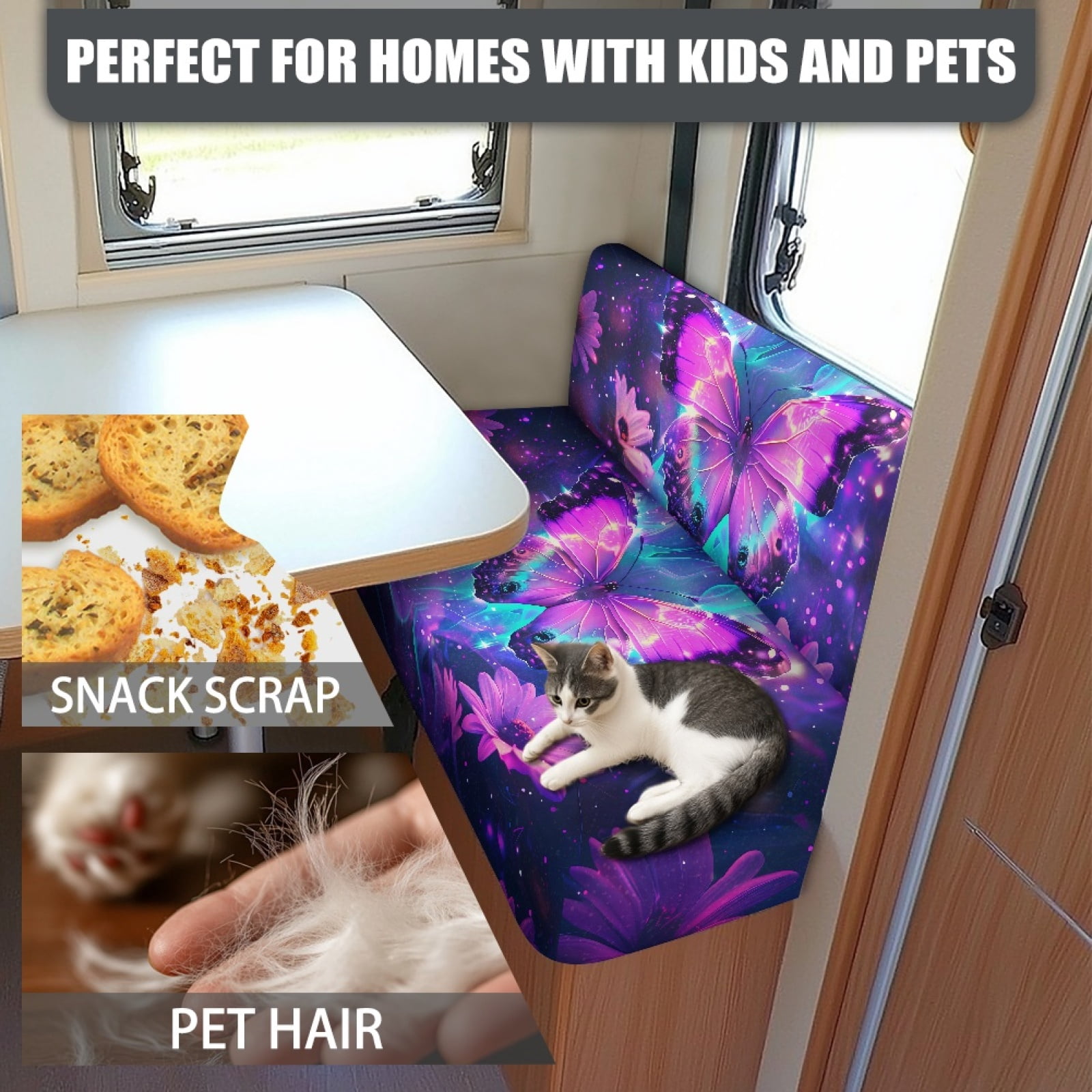 FORUDESIGNS Galaxy Butterfly Daisy Pattern 2 Pieces RV Dinette Cushion Covers Scratch-Resistant RV Couch Cover Waterproof Sofa Furniture Protector Camper Seat Covers Dinette Booth