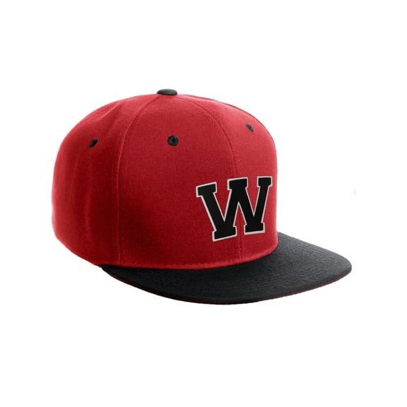 Classic Snapback Hat Custom A-Z Initial Raised Letter, Red Black Hat White Black