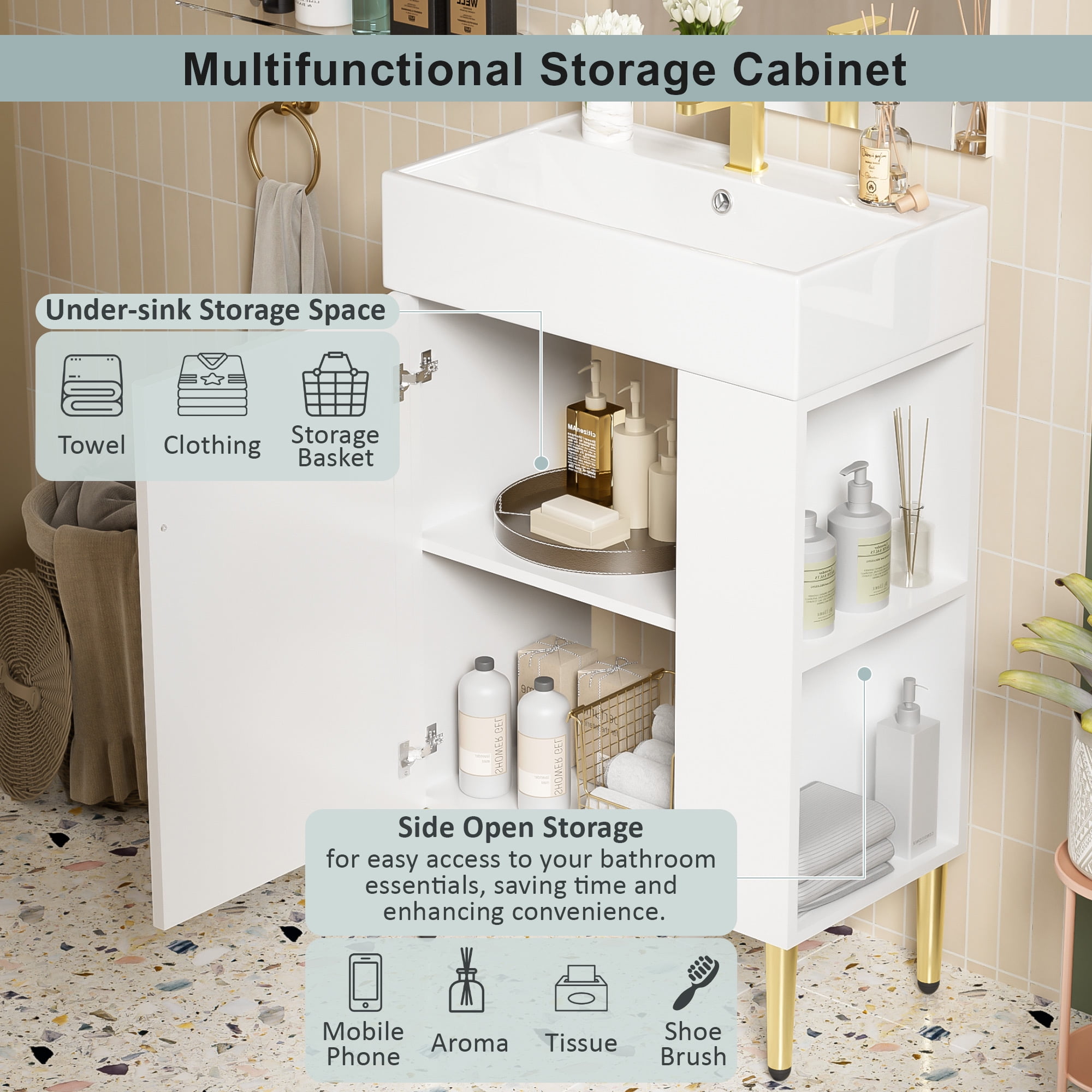 Euroco 21.6" White Bathroom vanity, Combo Cabinet, Bathroom Storage Cabinet, Single Ceramic Sink, Right Side Storage