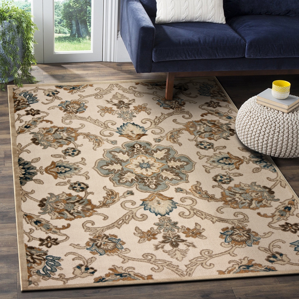 LR Home Tranquility Cream / Light Blue Floral Medallion Rectangle 8x10