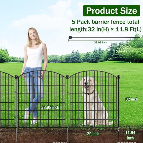 Decorative Garden Fence, 5 Panels - 32 in (H) x 11.8 ft (L) No Dog Fence Outdoor for Yard, Rustproof Tall Garden Fence Panels