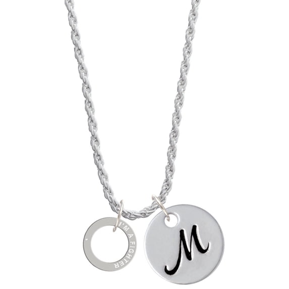 Delight Jewelry Silvertone I'm A Fighter Eternity Ring Silvertone Script Initial Disc - M - Charm Necklace, 20"+3"
