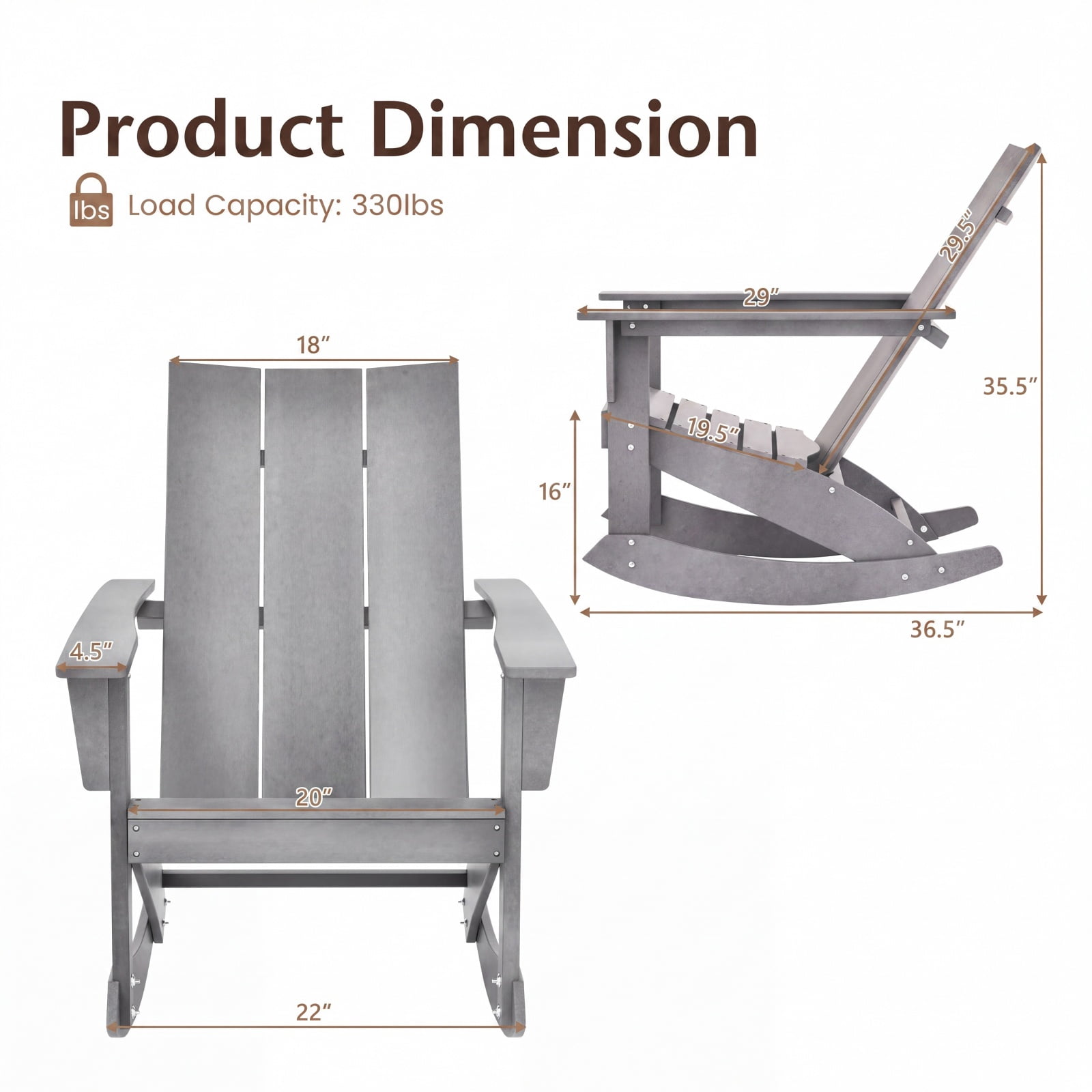 Furnibear HDPE Adirondack Rocking Chair with Curved Back Rounded Armrests and Weather Resistant Build for Porch Balcony Patio and Garden, Gray