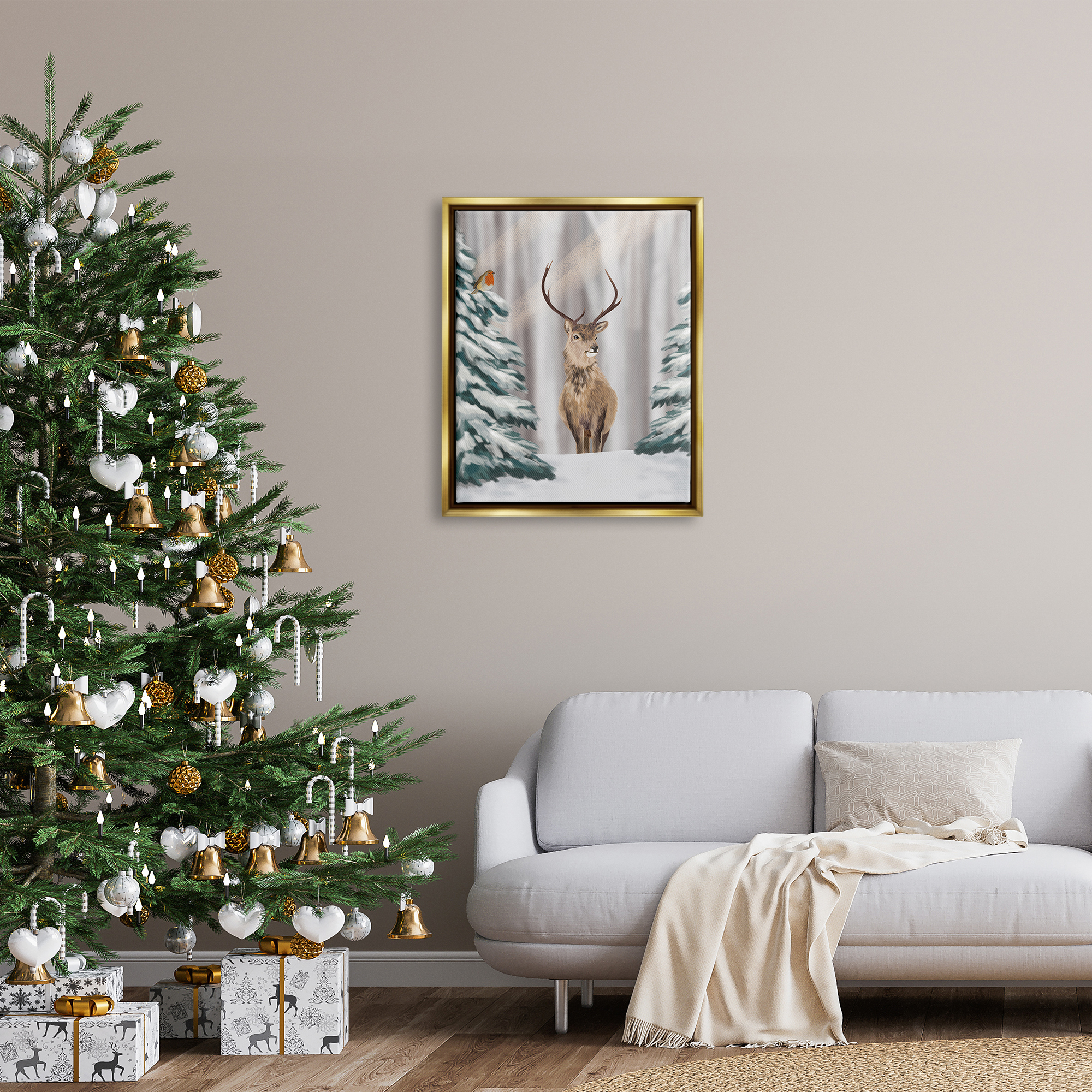 Stupell Industries Seasonal Deer Winter Landscape Holiday Painting Gold Floater Framed Art Print Wall Art