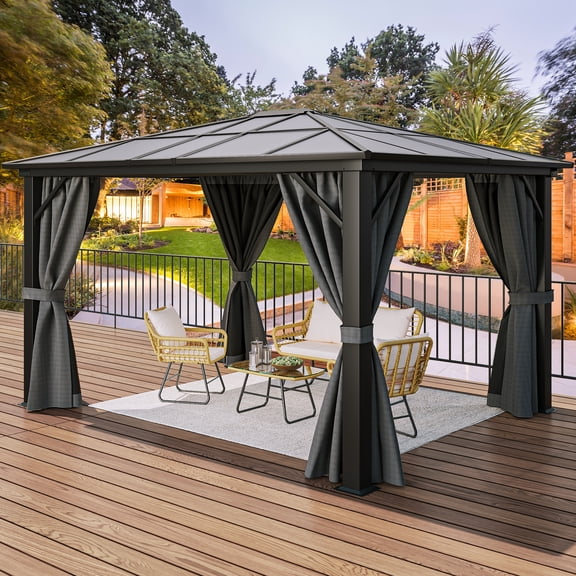 Dextrus 10x12FT Outdoor Single Roof Gazebo Hardtop with Netting&Shaded Curtains,Sturdy Aluminum Frame Garden Tent,Ideal for Patio, Backyard,Deck and Lawns,Grey Curtain