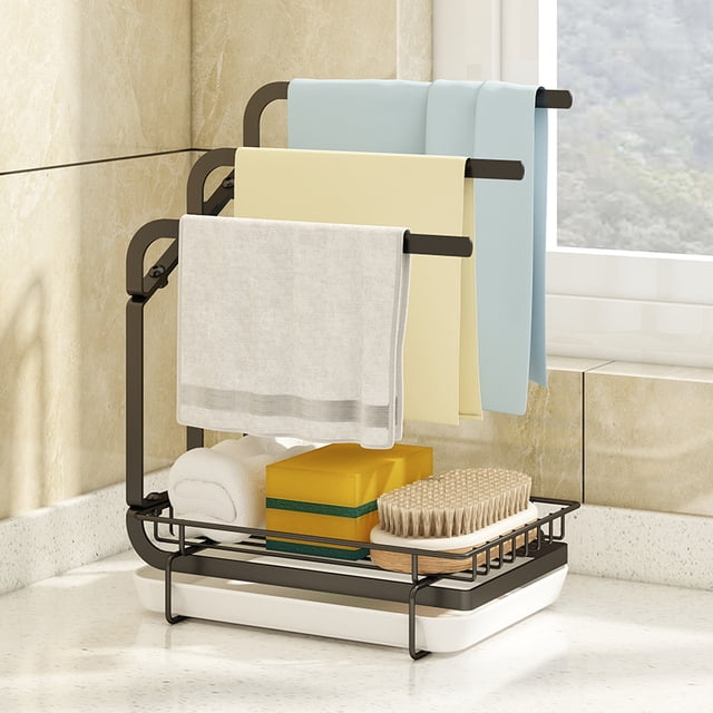 Mgkr Estante de Trapo de Fregadero de Cocina, Soporte de Esponja de Acero Inoxidable, Soporte de Esponja para Fregadero con Toallero y Bandeja de Drenaje, para Fregadero de Cocina o Baño (Negro)