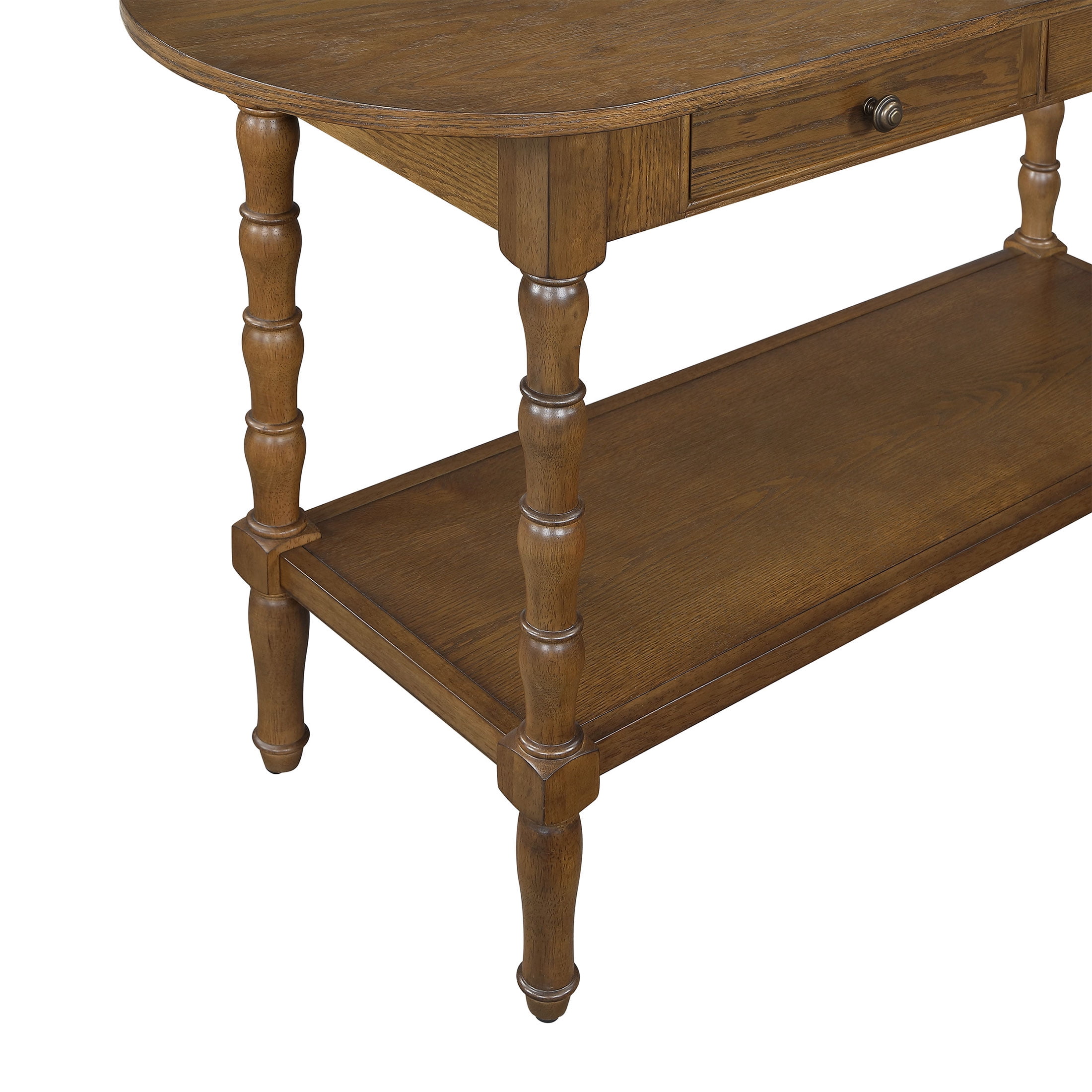 My Texas House Lewis Console Table in Warm Brown with Oval Top and Storage Drawers