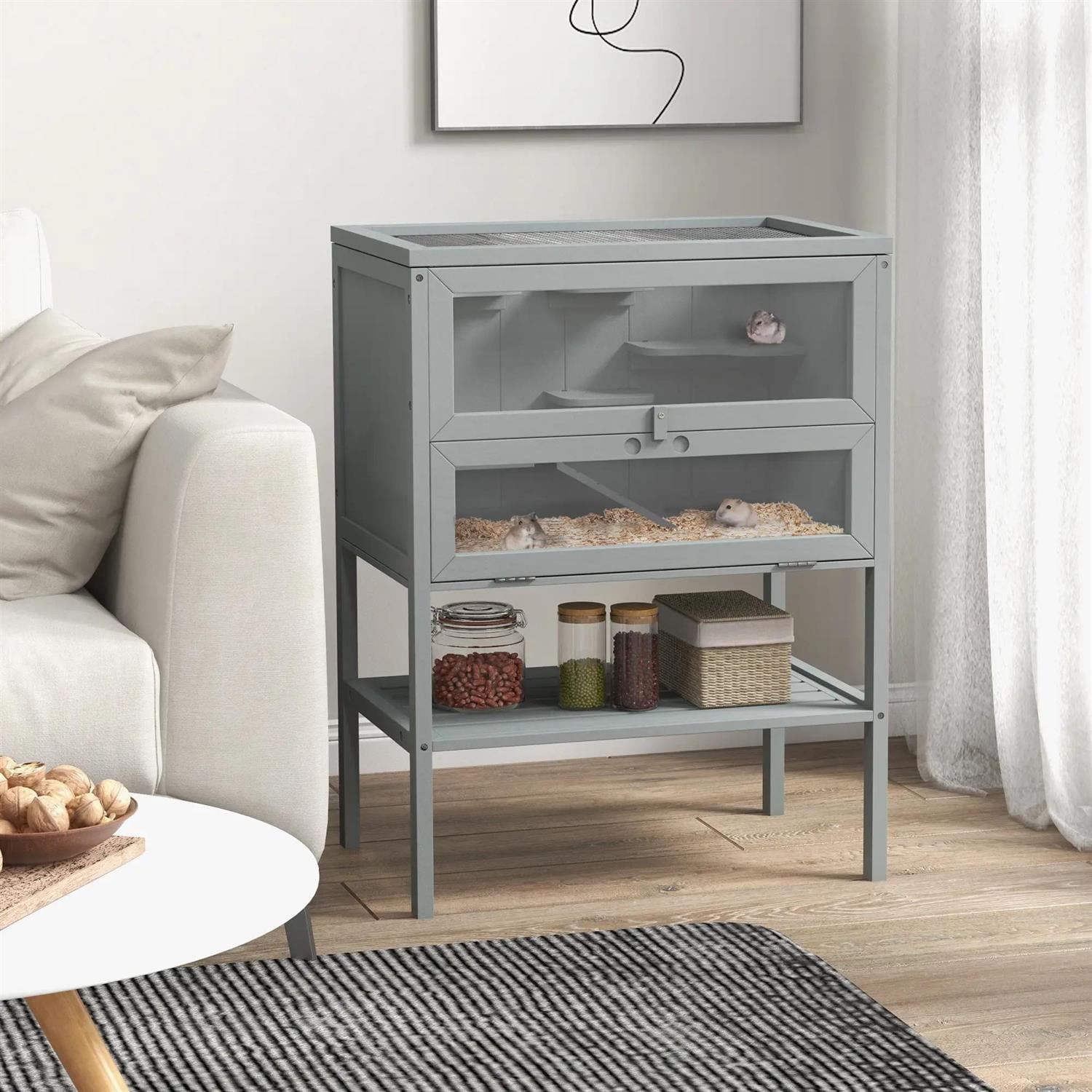 Pefilos 3-Tier Wooden Hamster Cage with Openable Top, Seesaws, Water Bottle, Small Animal Cage for Syrian Hamsters Degus or Other Similar, Gray