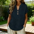 thumbnail image 2 of CYMMPU Women's Summer Solid Color Cotton Linen Button Front Blouse, Casual Loose Lightweight Short Sleeve Top Navy XXL, 2 of 7