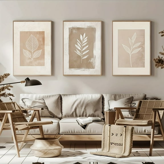 Beige Botanical Line Art Set of 3, Modern Minimalist Plant Prints, Neutral Wall arts, Plant Leaves Boho Style Posters, Plant Abstract Art Suitable for Living Room Bedroom Wall Decoration, No Frame