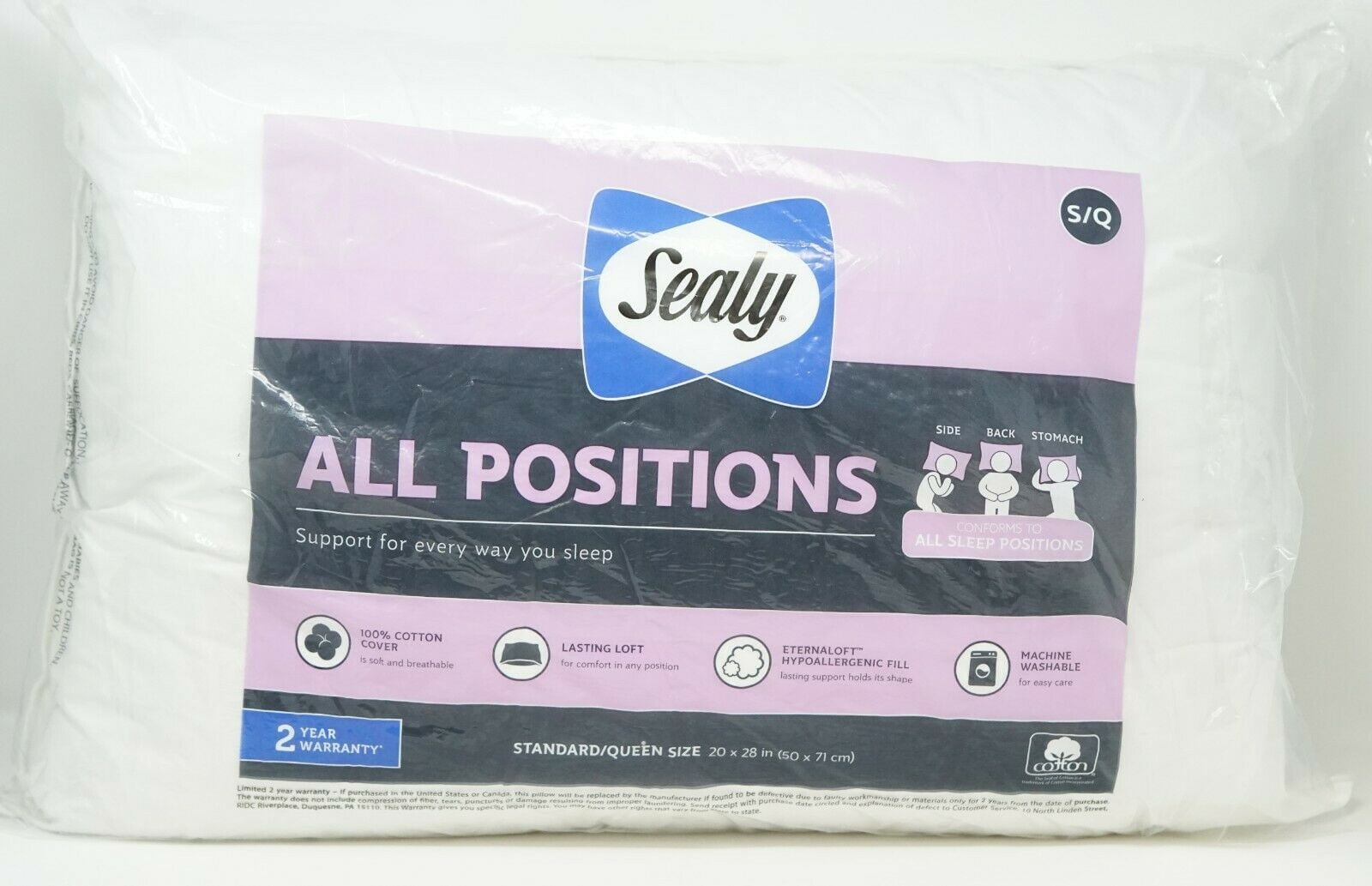Sealy 100 Cotton All Positions Bed Pillow STANDARD / QUEEN White
