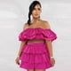 thumbnail image 2 of Conjunto de dos piezas con volantes para mujer, conjuntos cortos de verano con escote oblicuo y hombros descubiertos, top corto y pantalones cortos, trajes sexys para fiestas navideñas y clubes, 2 of 5