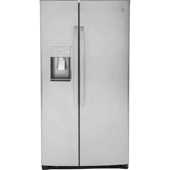 GE PZS22MYKFS 36 Inch Freestanding Counter Depth Side by Side Refrigerator with 22.1 cu. ft. Capacity, 4 Glass Shelves, External Water Dispenser, with Door Lock, Crisper Drawer, Ice Maker, Frost Guard