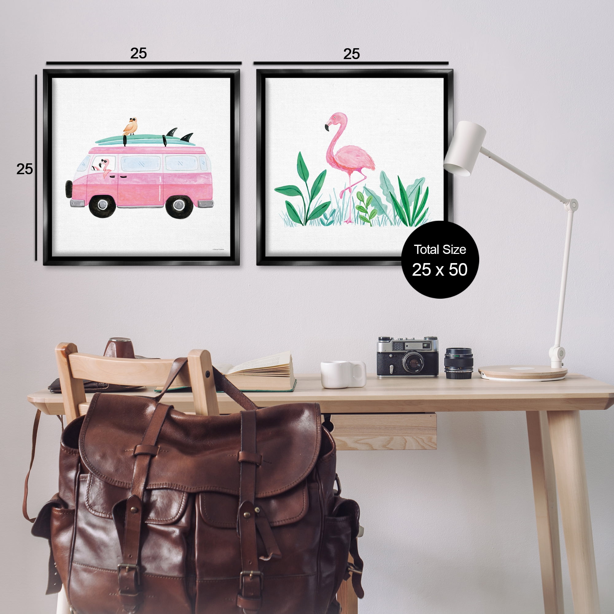 Stupell Industries Flamingos Tropical Vacation Transportation Painting Black Floater Framed Canvas Art Print Wall Art, 25 x 25, Set of 2