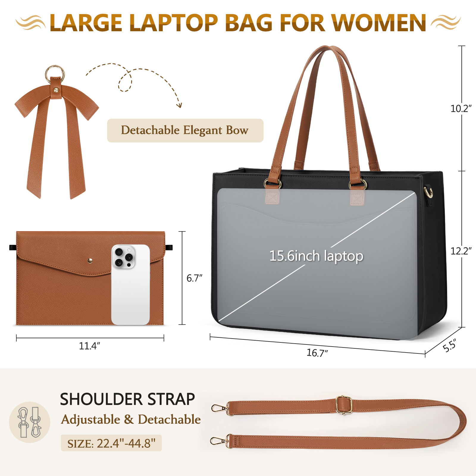 RAINSMORE Women's Handbag 15.6 Inch Leather Tote Bags Waterproof Laptop Briefcase Office Business Work Travel Handbag for College Teacher