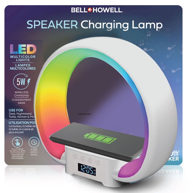Bell + Howell Bluetooth Haut-Parleur Lampe de Table avec un design Épuré en Forme d'Anneau, Éclairage DEL RVB, base de Recharge Sans Fil pour Téléphone et Réveil. les Fonctionnalités Incluent Sept modes d'Éclairage Tels Que Blanc Chaud et Motifs Multicolores, une base de Recharge Sans Fil 5 W compatible avec de Grands Téléphones Intelligents comme l'iPhone 16 Pro Max, et un Haut-Parleur Bluetooth pour un audio Clair. l'Affichage Numérique Affiche l'Heure et les Réglages d'Alarme. Alimenté par USB-C, Cet Appareil Multifonctionnel Est Parfait pour les Bureaux, les Tables de Nuit