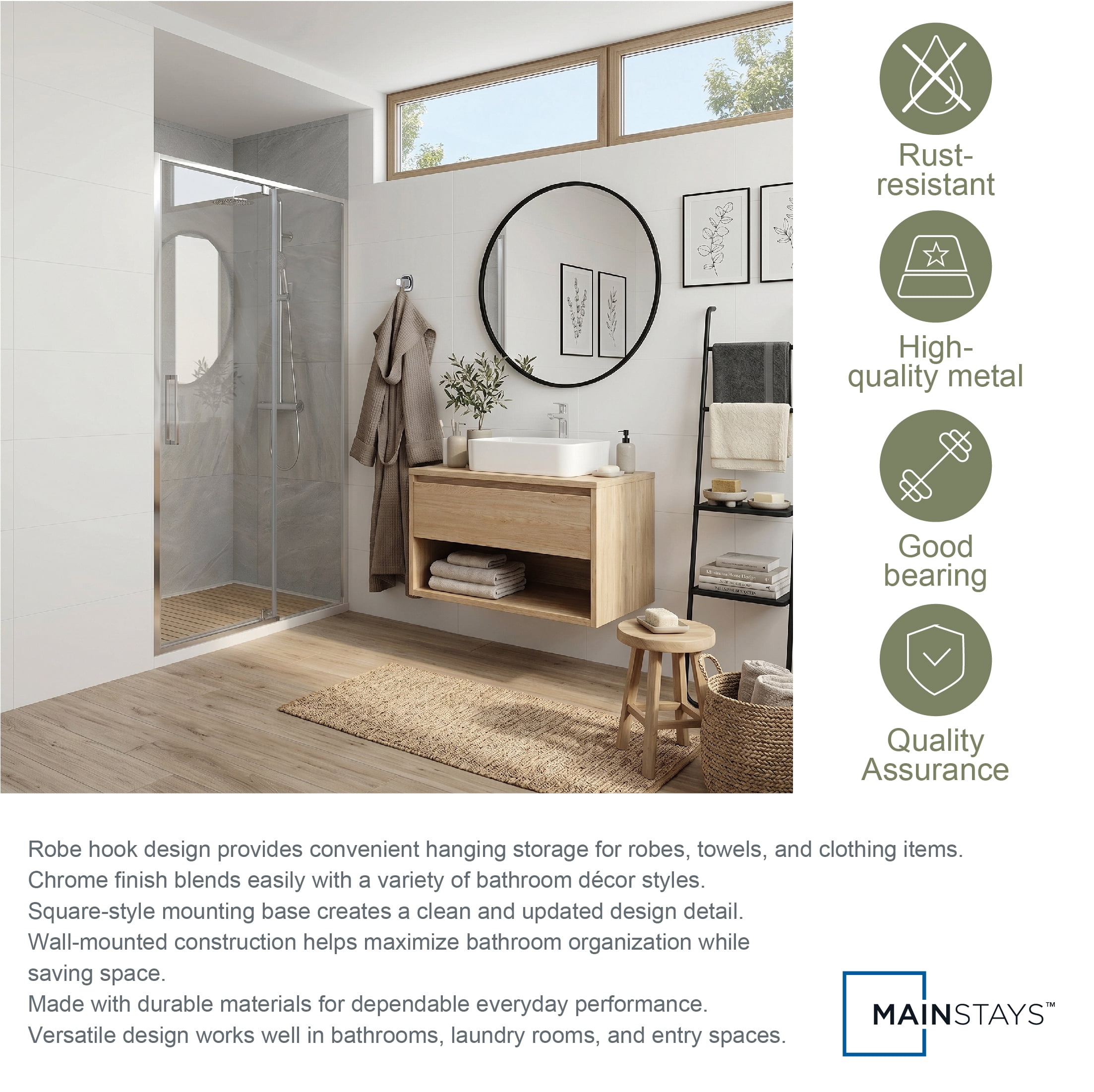 Mainstays Square Wall Mount Robe Hook Chrome Finish with Hardware