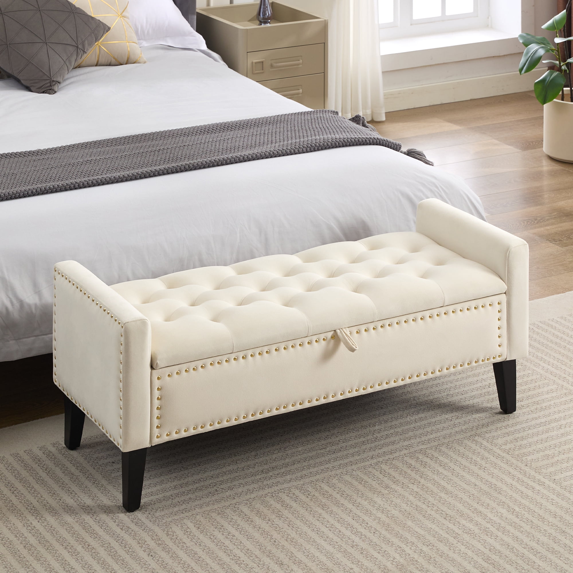 Velvet Storage Bench, Upholstered Bed Bench with Storage, End of Bed Ottoman with Wooden Legs,Bedside Storage Bench for Bedroom, Living Room, or Entryway, Beige