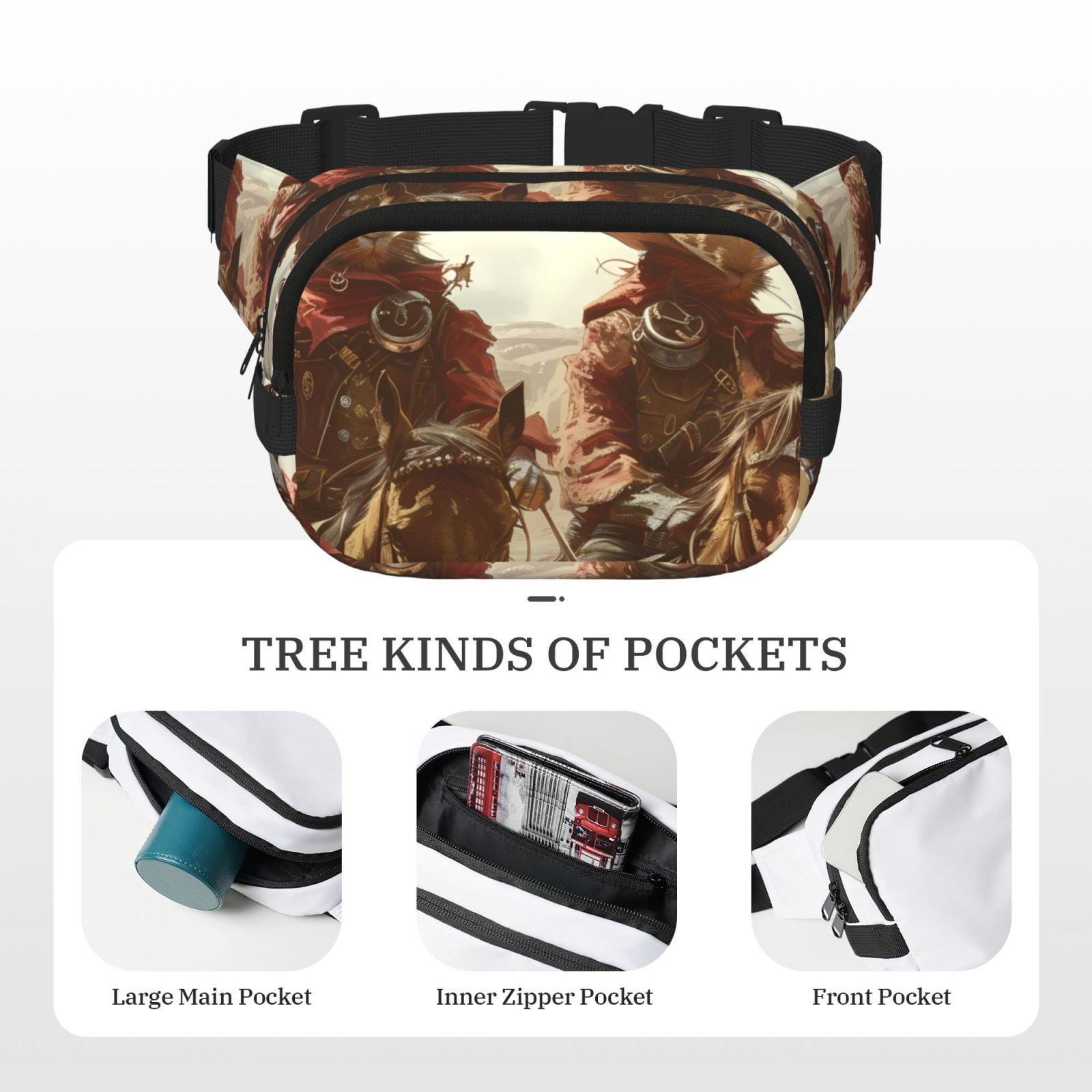 Picia Western Rabbit Cowboy Print Square Double-Layer Waist Bag Mini Adjustable Waist Belt Bag Exercise Running Travel Hiking