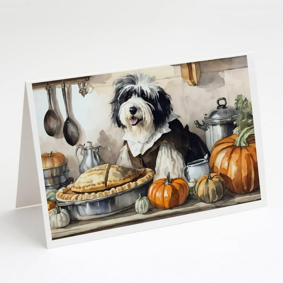 Old English Sheepdog Fall Kitchen Pumpkins Greeting Cards and Envelopes Pack of 8 7 in x 5 in