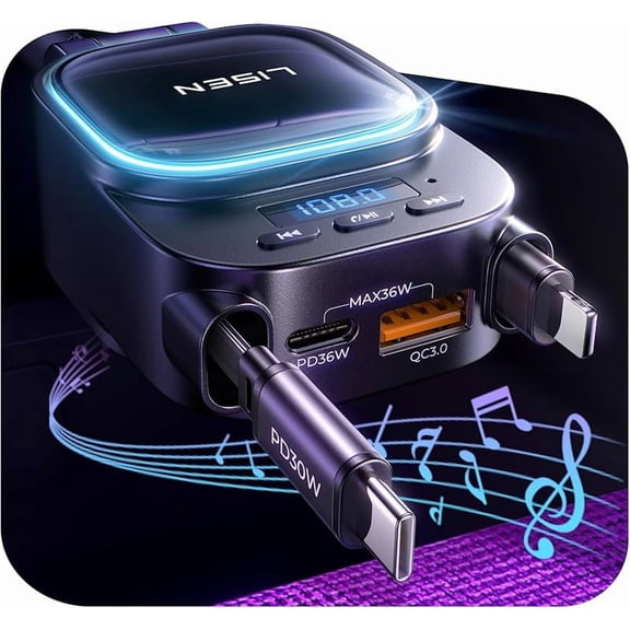 Carlikeit 2025 Bluetooth 5.3 FM Transmitter Car Adapter, 96W 4-in-1 Retractable Car Charger with PD36W   QC18W Ports, HiFi Audio Transmitter & Hands-Free Calling Car Radio Receiver