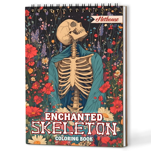 NETHOUSE Enchanted Skeleton Coloring Book Spiral Bound for Adults, A5 Wooden Cover, 30 Mesmerized Coloring Pages of Floral Colorful Skeleton for Stress Relief and Relaxation