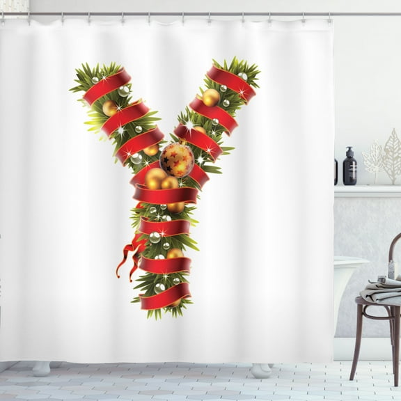 Ambesonne Christmas Alphabet Shower Curtain, Motif Y Letter, 69"Wx75"L, Pearl and Olive Green