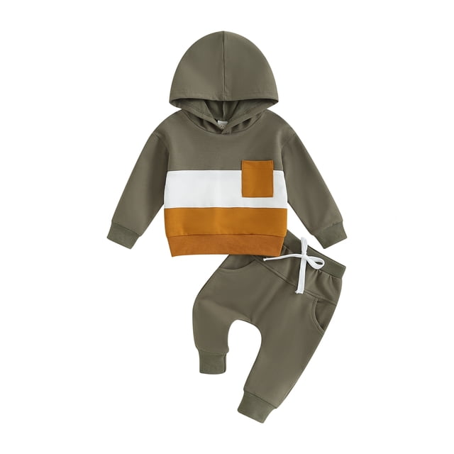 xiaxaixu Toddler Boy Autumn Clothes Contrast Color Patchwork Long Sleeve Hoodies Solid Color Pants 2Pcs Outfit