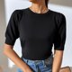 thumbnail image 3 of Camiseta de punto para mujer, mangas cortas abullonadas, puños ajustados, Top informal de verano de Color puro para uso diario, negro XL, 3 of 6