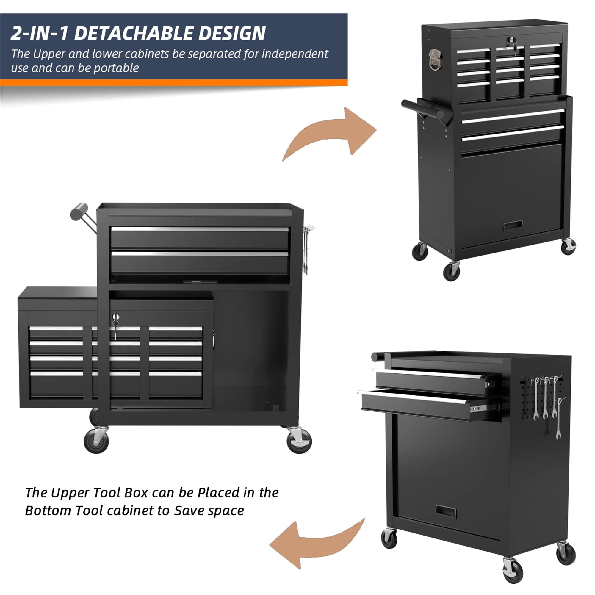 Aukfa Tool Box, 2 in 1 Steel Rolling Tool Chest & Cabinet On Wheels for Garage, 8-Drawer, Black