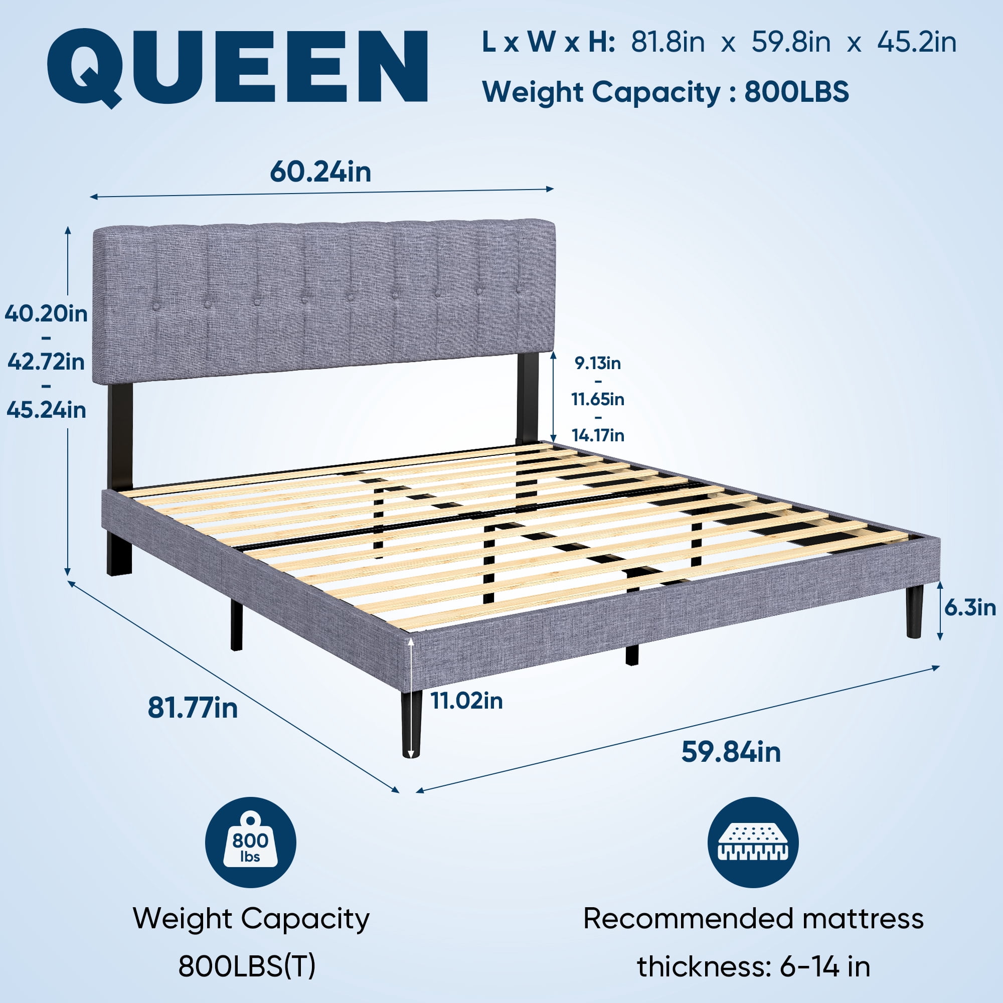 GIANNA Queen Size Platform Bed – Fabric Upholstered, Sturdy Wood Slats, No Box Spring Needed, Grey