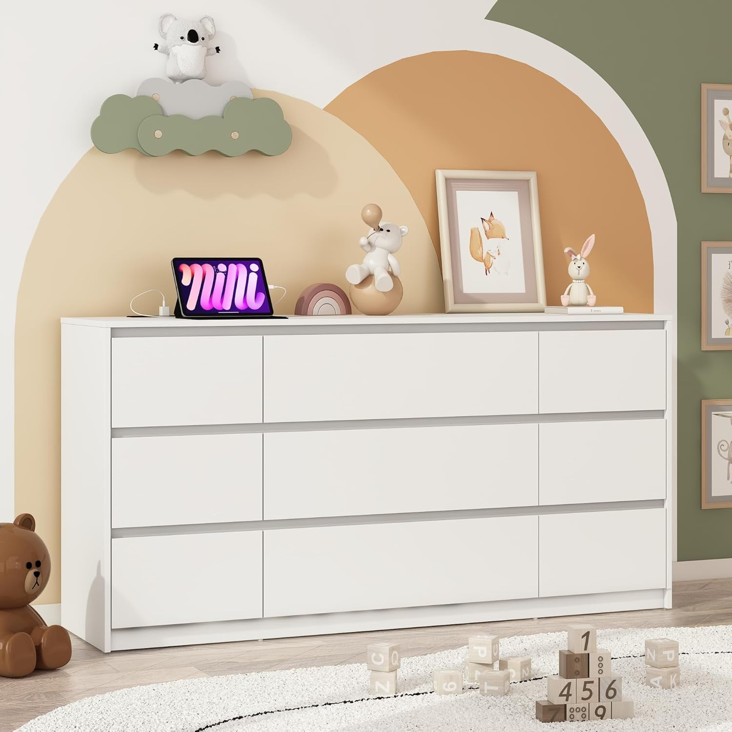 ChVans White 9 Drawers Dresser with Charging Station, 63" Long Modern Dresser with 9 Drawers for Bedroom, Large Wood Chest of Drawers Handle Free, Dresser for Bedroom, Living Room, Hallway