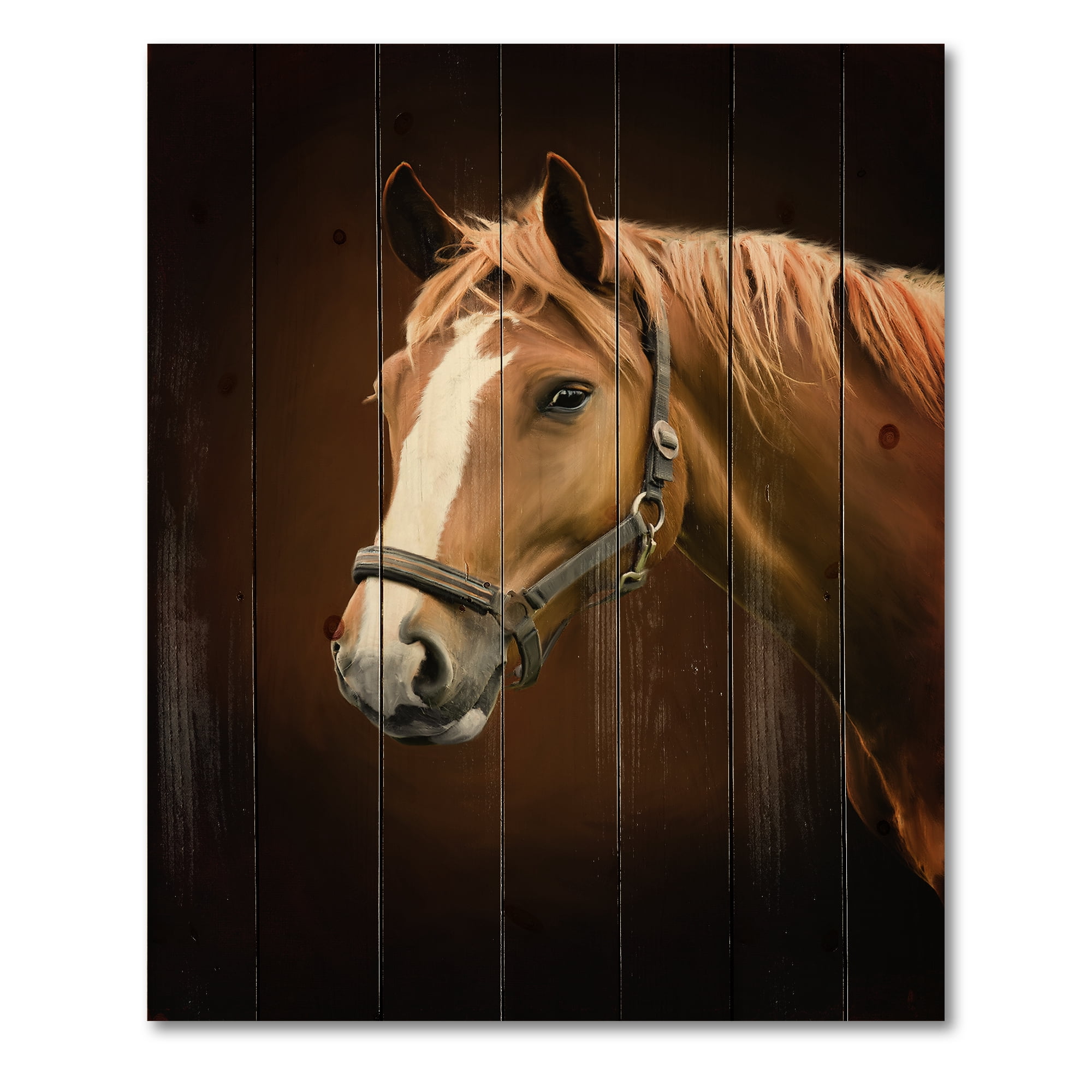 Designart 'Brown Horse With White Nose Portrait' Farmhouse Print on Natural Pine Wood