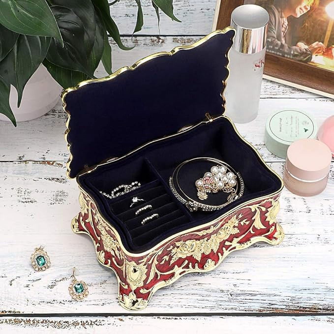 Jewelry Organizer, Jewelry Box, Red Zinc Alloy + Rhinestone Vintage Flower Rectangular Jewelry Box with Exquisite Velvet Lined and Partition Design to Keep Jewelry From Dust and Scratches, Red