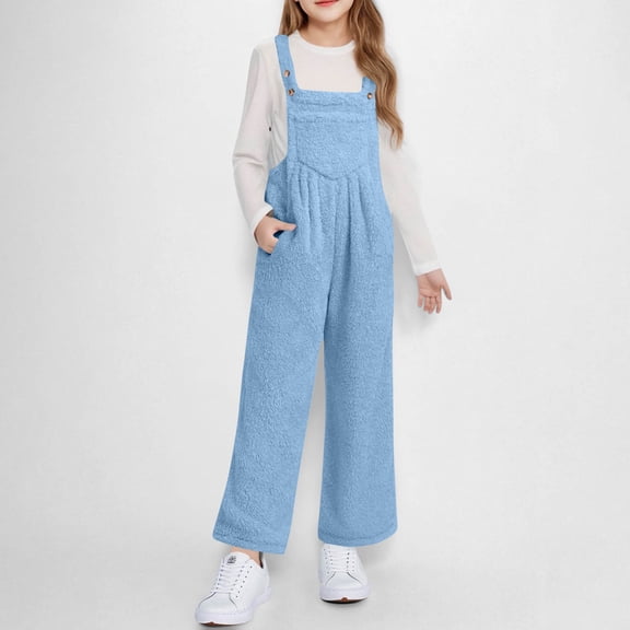 NAISIBABY Girls Fleece Overalls, Adjustable Buttons Strap Soft Loose with Bib Pockets Fall Winter Warm Jumpsuits Blue 12T