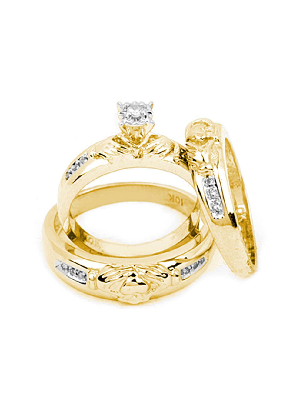 Solid 10k Yellow Gold Diamond Matching Couple Three Rings Claddagh Men ...