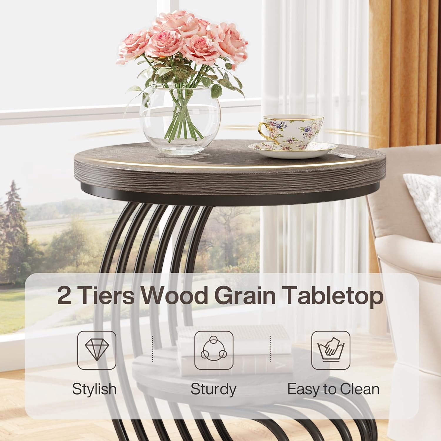 Tribesigns Round End Table, 2 Tiers Wood Side Table with Storage Shelf