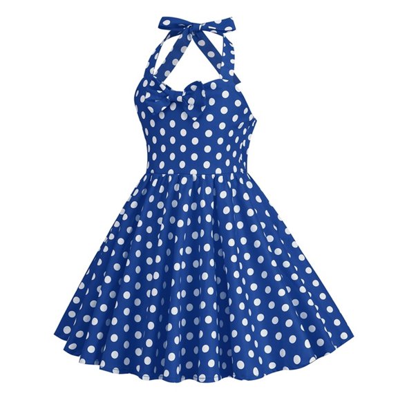 CPNG Girls Summer Halter Dress Sleeveless Polka Dot Printed Solid Color Vintage Retro Dress Fashion Casual Pleated A Line Dress