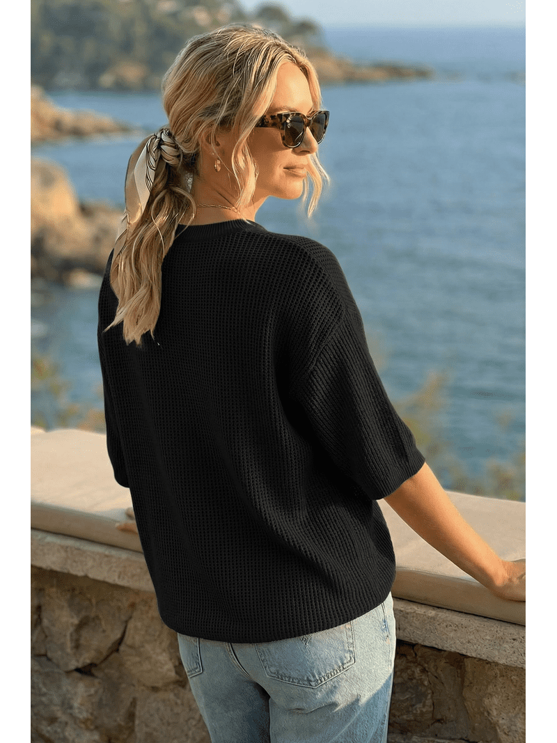 Arach&Cloz Womens Summer 100% Cotton Relaxed Fit Crochet Tops 3/4