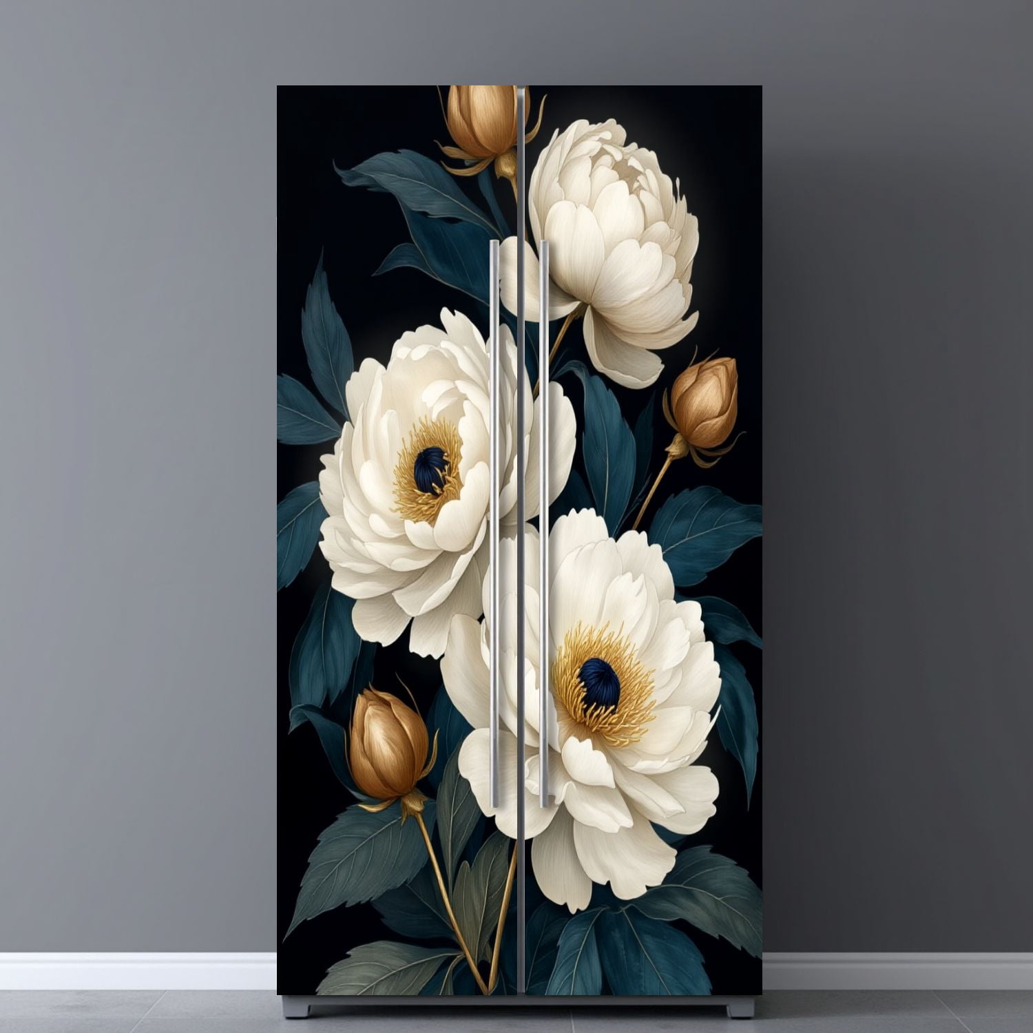 Self Adhesive Vinyl Refrigerator Wrap Set Vintage Botanical Artwork Elegant Peonies Door Mural Removable Fridge Sticker Peel and Stick&nbsp;Full Door Cover Decal Kitchen Bar Decor