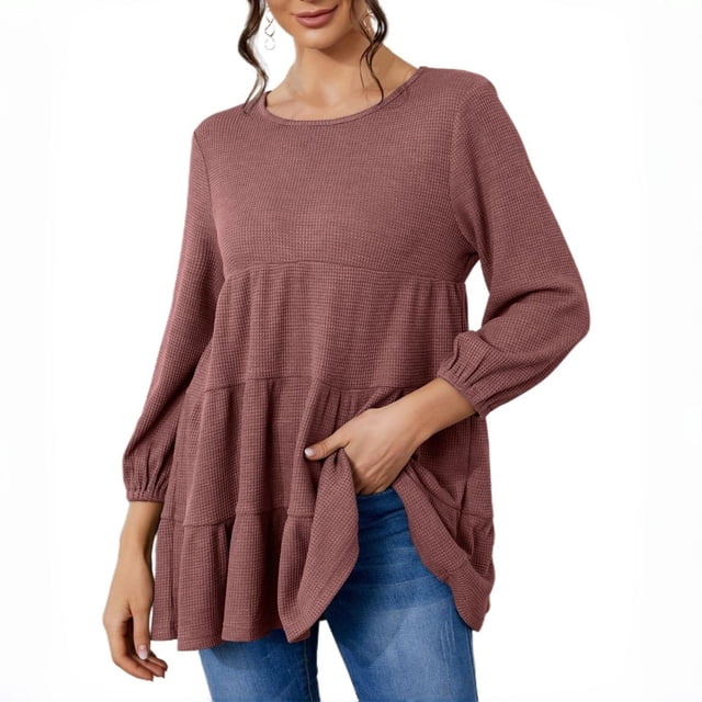 Timegard Womens Tops Oversized Round Neck Tunic Tops Fall Casual Loose Long Sleeve Blouse Mid Long