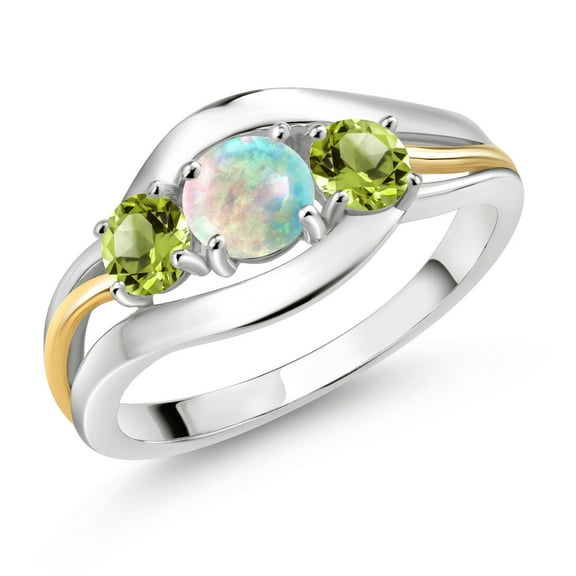 Gem Stone King 925 Sterling Silver and 10K Yellow Gold Round Cabochon White Opal and Green Peridot 3 Stone Ring for Women (1.10 Cttw, Size 6)