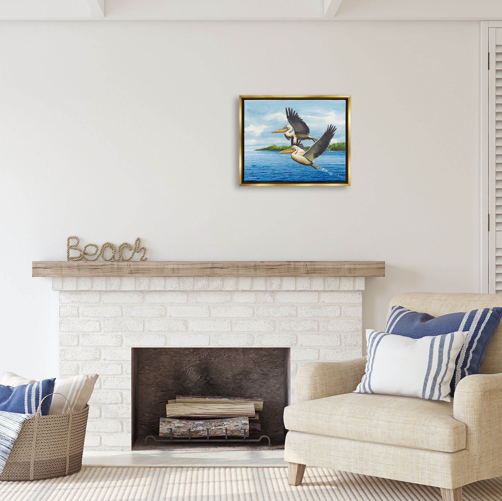 Stupell Industries Splashing Pelicans Flying Animals & Insects Painting Gold Floater Framed Art Print Wall Art, 21 x 17
