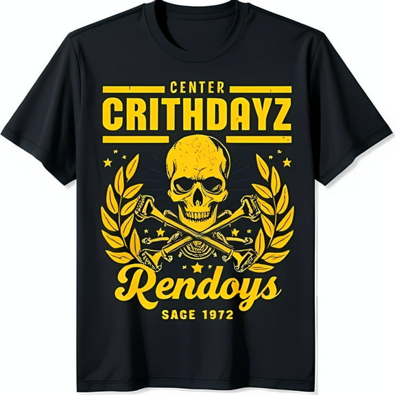 Men's Black T-Shirt with Yellow & Graphic 'Center Crithdays Rendoy's 1972'