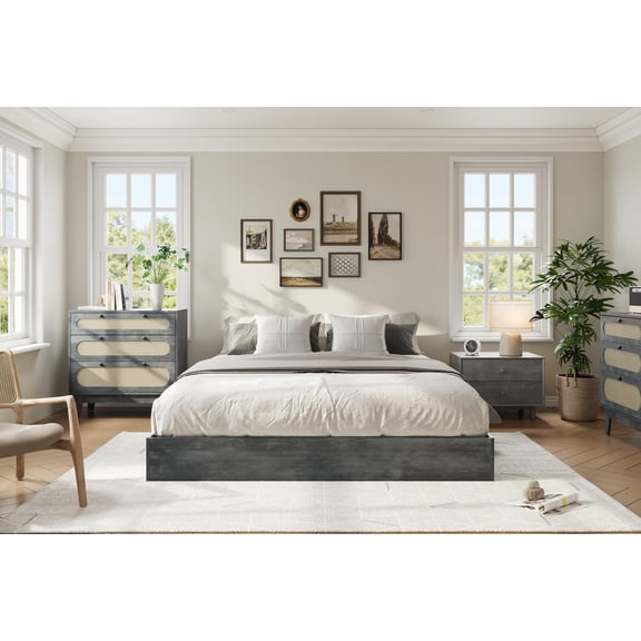 Queen Size Wood Platform Bed Frame – Sturdy Wooden Slat Support, No Headboard, No Box Spring, Easy Assembly, Minimalist Modern – Water-Washed Black
