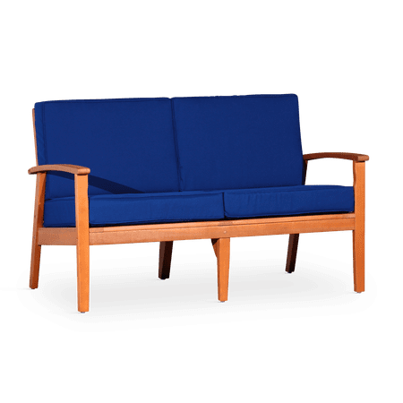 CoSoTower Eucalyptus Loveseat With Cushions, Natural Oil Finish, Navy Cushions