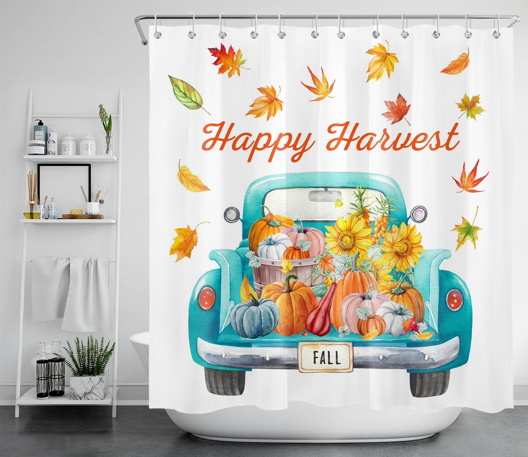 HVEST Fall Harvest Shower Curtain, Thanksgiving  Pumpkin and Sunflower on Teal Truck Shower Curtain for Bathroom, Colorful Polyester Fabric   69x70 Inch with Hooks