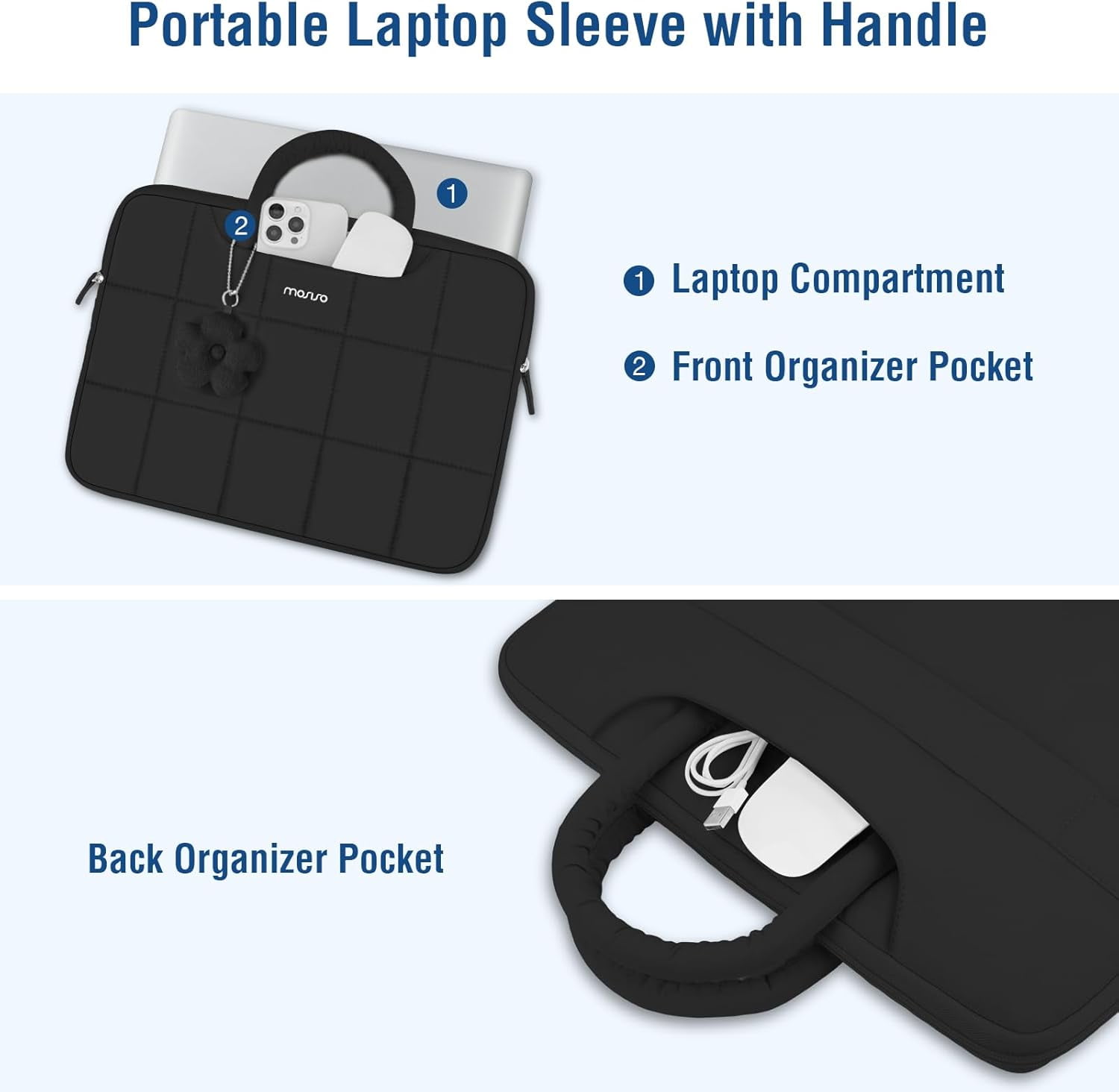MOSISO 13-14 inch Laptop Case, 13.3 inch Puffy Laptop Sleeve Compatible with MacBook Air 13 13.6/Pro 13/Pro 14,HP Acer Dell ASUS Lenovo, Rectangle Quilted Computer Bag with Handle&Flower Pendant