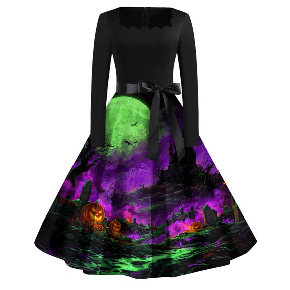 Womens Halloween Hepburn Dresses Pumpkin Moon Long Sleeve Spooky Hepburn Dresses Bat Castle Round Neck Funny Hepburn Dress, 5XL