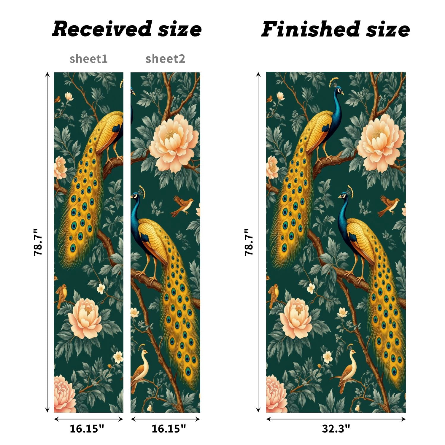 Self Adhesive Vinyl Refrigerator Wrap Set Elegant Peacock Floral Design Vintage Style Dark Green Door Mural Removable Fridge Sticker Peel and Stick&nbsp;Full Door Cover Decal Kitchen Bar Decor